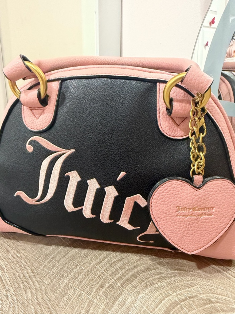 Juicy Couture Black & Pink Heart Charm Satchel with Gold Hardware